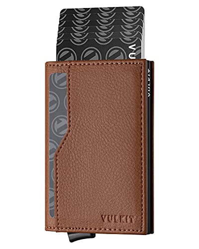 VULKIT Card Holder Wallet for Mens with ID Windows RFID Blocking Pop Up Wallet Slim Leather Wallet Holds Up to 12 Cards Men's Card Case, Brown