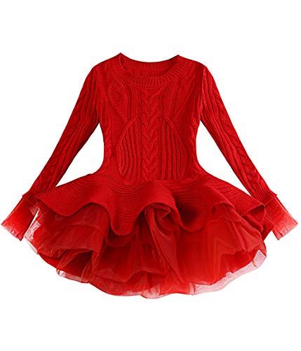 Sweater for Baby Little Girls' Fall Sweater Outfits Long Sleeve Dress Kids Children Girls' Casual Dresses Knit Cotton Size for 2 3-4 Years Ruffle (Red 100)