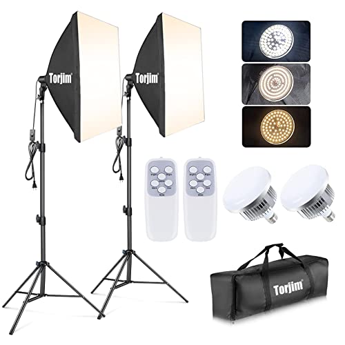 Torjim Softbox Photography Lighting Kit, 2Pcs 27' x 27' Professional Soft Box | 3000K-7500K 85W LED Bulbs with Remote, Photography Continuous Lighting Kit for Studio Lights, Portrait, Video Recording