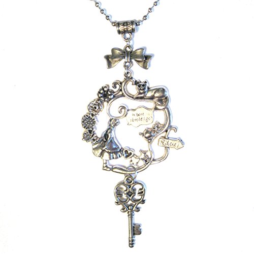 Retro Vintage Alice In Wonderland Silver Stainless Steel Cluster Pendant 18' Necklace