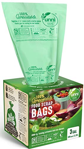 UNNI ASTM D6400 100% Compostable Trash Bags, 3 Gallon, 11.35 Liter, 100 Count, Extra Thick 0.71 Mils, Food Scrap Small Kitchen Trash Bags, US BPI and Europe OK Compost Home Certified, San Francisco