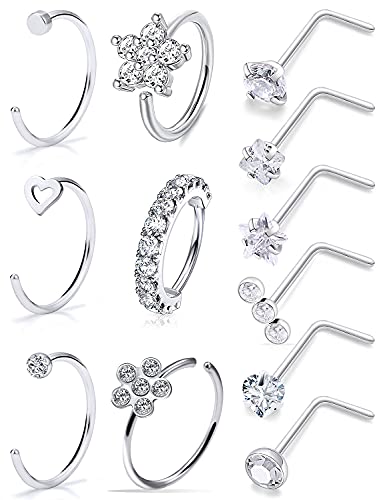 Ftovosyo 20G Surgical Steel Nose Rings Hoop for Women Men, Paved CZ Flower Piercing Jewelry L Shaped Nose Ring Stud Set
