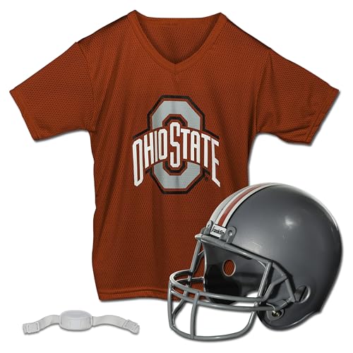 Franklin Sports Ohio State Buckeyes Kids College Football Uniform Set - NCAA Youth Football Uniform Costume - Helmet, Jersey, Chinstrap Set - Youth M,(One Size)
