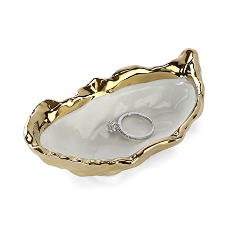 HOME SMILE Oyster Shell Ring Dish,Jewelry Dish Tray, Trinket Tray, Long Distance Friendship Gifts for Women,Ceramic Gold