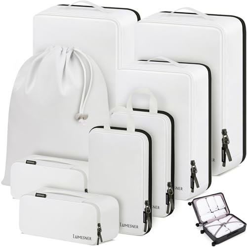 Compression Packing Cubes, Lumesner 8 Set Travel Packing Cubes for Carry on Suitcases, Compression Suitcase Organizers Bag Set & Travel Cubes (8-piece, White)