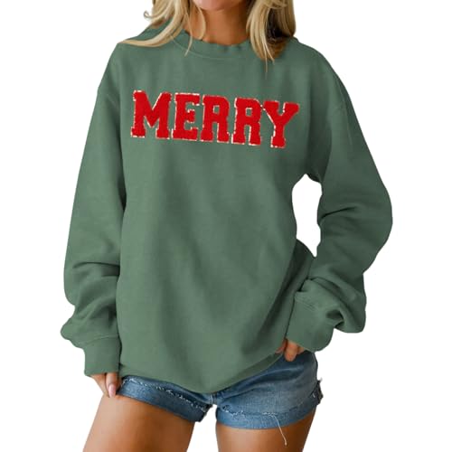 IZYJOY Merry Christmas Sweatshirts for Women Glitter Patch Merry Letter Shirts Chenille Patch Oversized Pullover Winter Tops(Green,Medium)