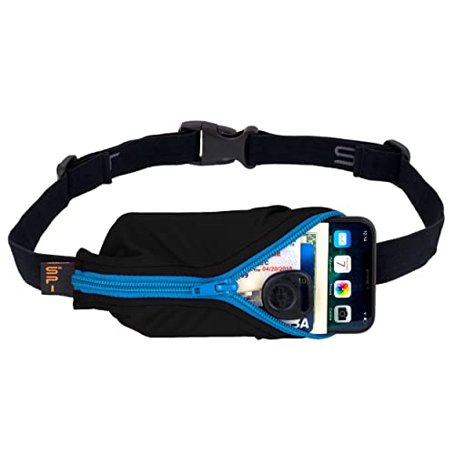 SPIbelt Large Pocket Running Belt for Adults, Expandable Pocket, Adjustable Waist, No Bounce, Black with Turquoise Zipper