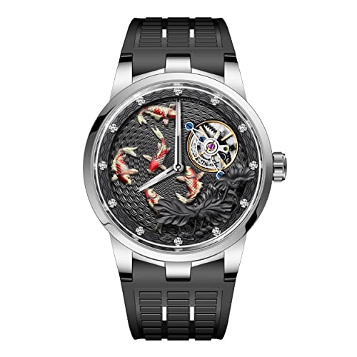 Haofa Carrousel Flywheel Watch for Men 3D Carving Koi Mechanical Manual Watch Double Movement Diamond-Studded Business Hand-Winding Mens Watch Carp Lotus Watch 1951 Black