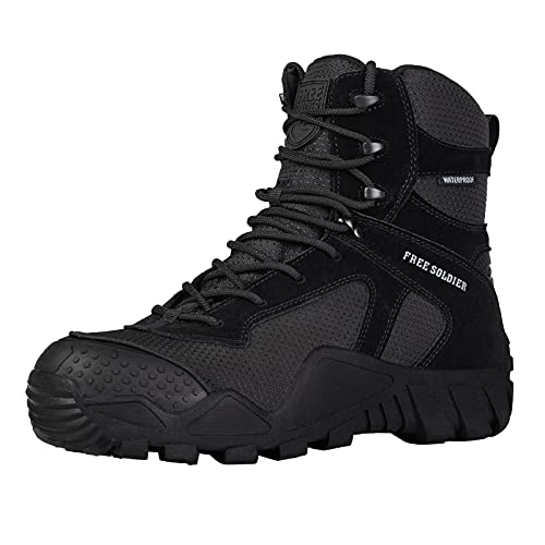 FREE SOLDIER Outdoor Men's Tactical Military Boots Suede Leather Work Boots Combat Hunting Boots (12 Wide M US Waterproof Black)