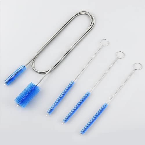 Flexible Drain Brush Cleaner Kit – 5ft Long Elastic Double Head Nylon Cleaning Brush + 3pcs 10inch Straw Brushes for Aquarium Water Filter Pipe Hose Air Tube Fish Tank Tub Sinks Glass Vase