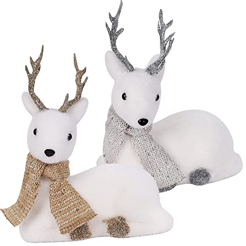 Lulu Home Christmas Tabletop Ornaments, Set of 2 Flocking White Lying Reindeer Figurines with Glittered Antler and Feet, Xmas Holiday Winter Mantle Shelf Centerpieces Decoration, Golden & Silver