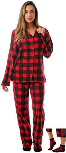 #followme Printed Microfleece Button Front PJ Pant Set with Socks 6370-10195-3X, Red Black - Buffalo Plaid