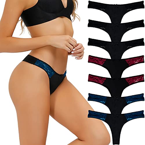 LYYTHAVON 7 Pack Thongs for Women, Lace Stretchy Spandex Nylon Underwear (Multicolored J, 7 Pack, Medium)