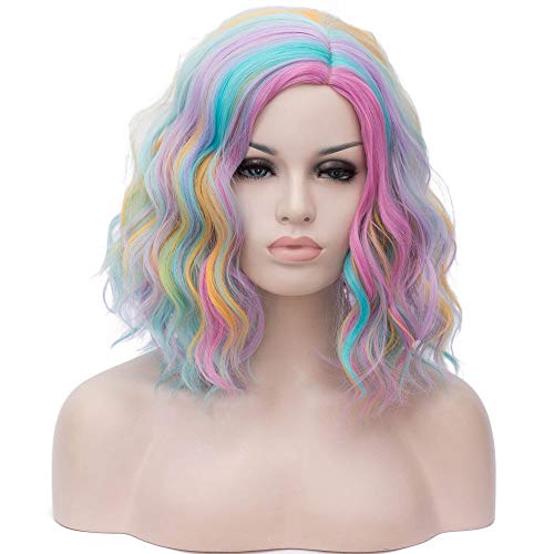 BERON 14' Women Girls Short Curly Bob Wavy Wig Body Wave Halloween Cosplay Daily Party Wigs (Rainbow)