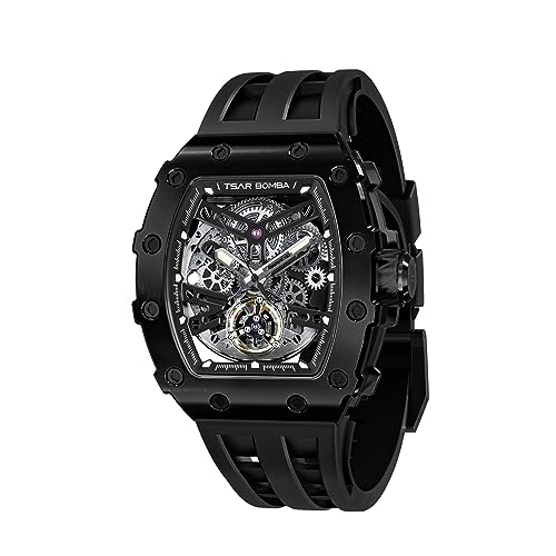 TSAR BOMBA Automatic Tonneau Carbon Fiber Bezel Luxury Mens Watches 50M Waterproof Skeleton Mechanical Stylish Watch for Men Simple Men’s Silver Wrist Watch Cool Unique Watch with Silicone Strap