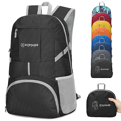 ZOMAKE Lightweight Packable Backpack 35L - Light Foldable Backpacks Water Resistant Collapsible Hiking Backpack - Compact Folding Day Pack for Travel Camping(Black)