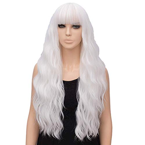 Netgo White Wigs for Women, Long White Wig with Bangs, Natural Wavy Hair Wigs for Girl Heat Friendly Synthetic Cosplay Party Wigs