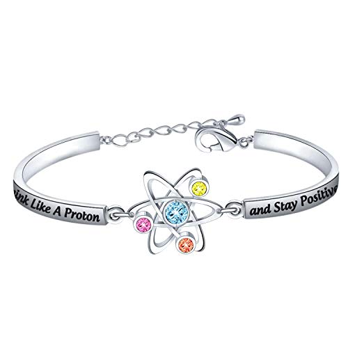 FEELMEM Atomic Science Gift Chemist Gift Think Like A Proton And Stay Positive Bracelet Chemistry Science Jewelry Gift for Scientist Physicist Chemist Teacher Graduates (Think Like silver)