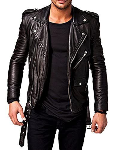 QAWACH Men Leather Jacket - Lambskin Winter Vintage Motorcycle Biker Jacket, Moto Riding/Racing Pure Leather Cross Zipper Coat, Black, Medium