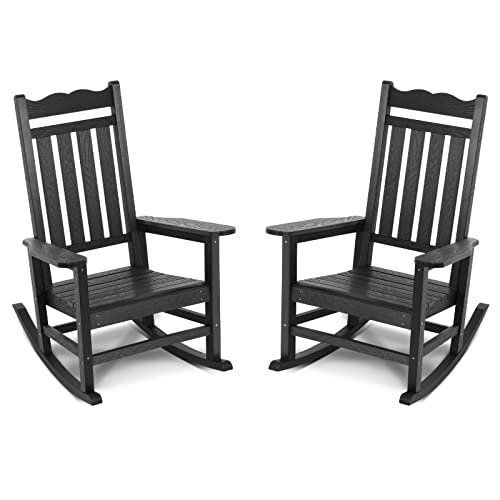 Stoog Outdoor Rocking Chairs Set of 2, HIPS Plastic Porch Rocker with 400 lbs Weight Capacity, for Backyard, Fire Pit, Lawn, Garden and Indoor (Black)