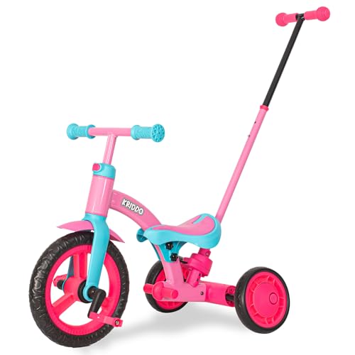 KRIDDO 4-in-1 Kids Tricycle for 1.5 to 3 Yea Old with Parent Steering Push Handle, 12 Inch Front Wheel Trike, Toddler Balance Bike for Boys Girls 18 Month to 3 Years, Adjustable Height, Pink