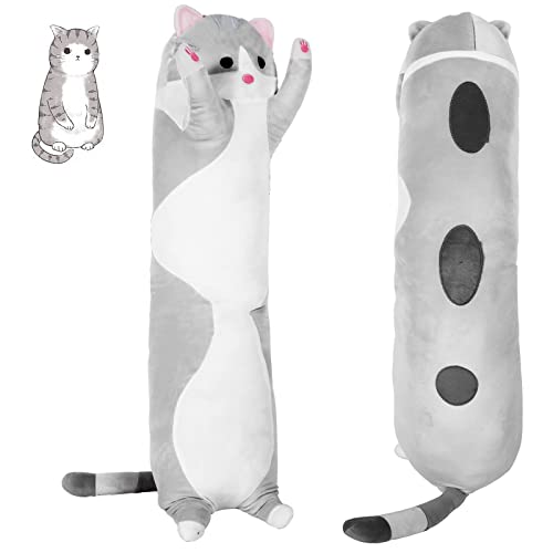 Grey Long Cat Plush Body Pillow Kawaii Cat Stuffed Toy, Cute Soft Plush Animal Doll, Plushies Decorations for Video Game Fans, Kitten Plush Throw Pillow Doll Gift for Girlfriend & Kids 19.6in/50cm