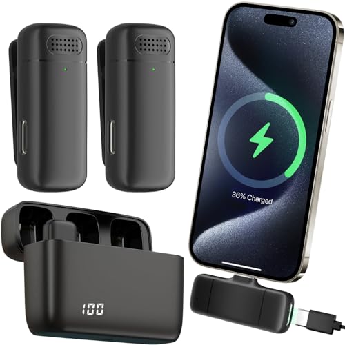 aLLreLi Mics for iPhone 15, 2 Pack Wireless Lavalier Microphone with Charging Case - Plug & Play, Clear Sound Quality for iP15 Pro/Max and More, K13