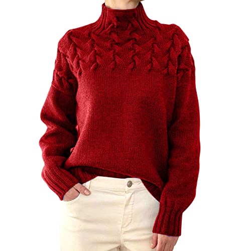Cardigan Women,Long Sleeve Sweater,Womens Cable Knit Long Sleeve Pullover Sweaters Fashion High Neck Jumpers Knit Tops Casual Fit Knitwear Tops for Winter(01-Red,L)