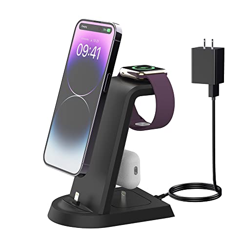 [2023 New Version] Charging Station, 3 in 1 Charging Station for Apple Devices, Self Adjusting Charging Dock for iPhone 14/13/12/11/SE/X Series, iWatch 8/SE/7/6/3, AirPods 2/3/Pro (with 15W Adapter)