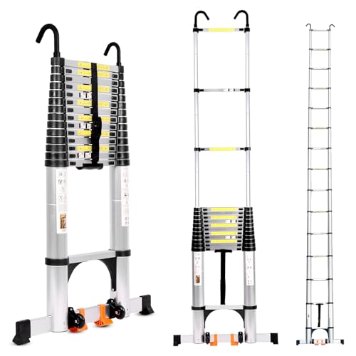 FEETE 19FT Telescoping Ladder, Aluminium Extension Ladder w/2 Triangle Stabilizers & Detachable Hooks, 330lbs Capacity Telescopic Ladder, Lightweight RV Collapsible Ladder for Home, Outdoor (19FT)