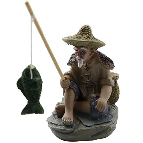 LQ Industrial Mini Fisherman Figurines Miniature Vintage Mudman Chinese Pottery Figurine Statue Resin Ornament for Fish Tank Bonsai Miniature Landscape Figure Indoor Sculpture Patio Ornaments