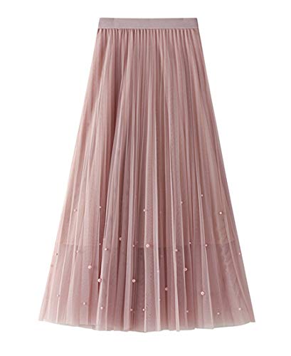 HPLY Women's Elegant Mesh Ombre Color Pleated Skirt Elastic Waist Tutu Tulle Skirt Pink