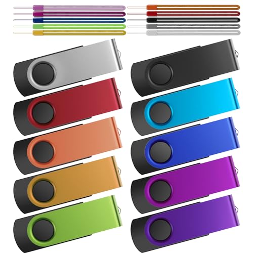 32GB Flash Drive Pack of 10 Thumb Drives Bulk, Kepmem Metal USB 2.0 Memory Sticks Swivel Pen Drive 32 GB, Portable Keychain Jump Drive Colorful Multipack Zip Drives for Data Storage