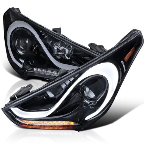 Spec-D Tuning LED Smoke Lens Glossy Black Projector Headlights Sequential LED Signals Compatible with 2012-2017 Hyundai Veloster Left + Right Pair Headlamps Assembly