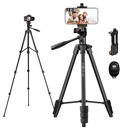 55' Phone Tripod, PHOPIK Aluminum Extendable Tripod Stand with Shutter, Carrying Bag, Compatible with iPhone/Android/Sport Camera Perfect for Video Recording/Selfies/Live Stream/Vlogging