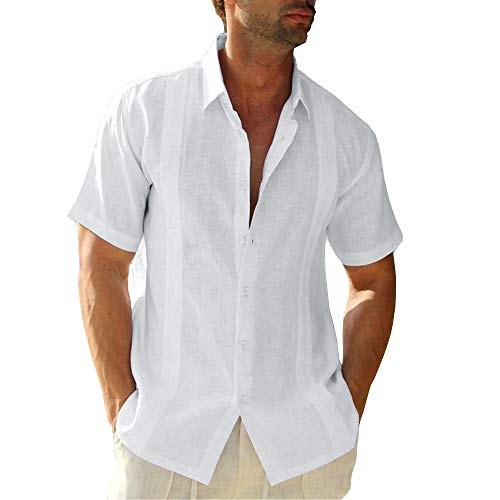 Hestenve Mens Short Sleeve Cuban Camp Guayabera Shirt Linen Cotton Hippie Beach Button Down Shirts White
