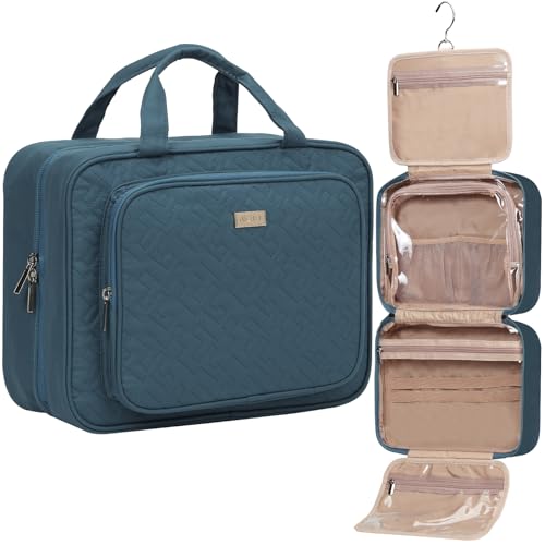 NISHEL Travel Toiletry Bag for Women Large Capacity, Travel Essentials Organizer, Hanging Makeup Case for Accessories, Cosmetics, Toiletries, Lake-Blue
