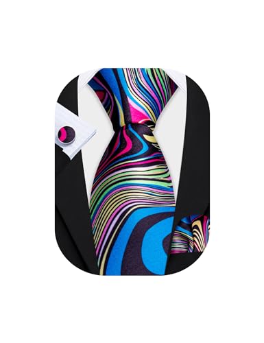 Barry.Wang Men Ties Set Rainbow Silk Abstract Necktie Pocket Square Cufflinks Wedding Party Fun Gift