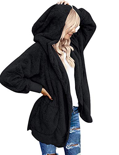 Yanekop Womens Fuzzy Fleece Open Front Hooded Cardigan Jackets Sherpa Outerwear Coats with Pockets(05 Black,3XL)