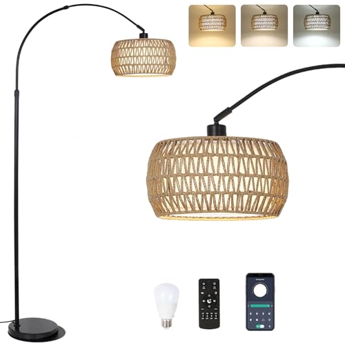 Arc Floor Lamps for Living Room with 3 Color Temperatures, Black Standing Lamp with Remote & Dimmable LED Bulb, Rattan Boho Floor Lamp, Farmhouse Tall Lamp for Bedroom, Over Couch Arched Reading Light