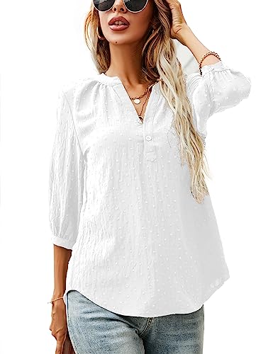 LOMON Women's V Neck Shirts and Blouses Swiss Dot Pleated Back Blouse 3/4 Sleeve Tops White, XL