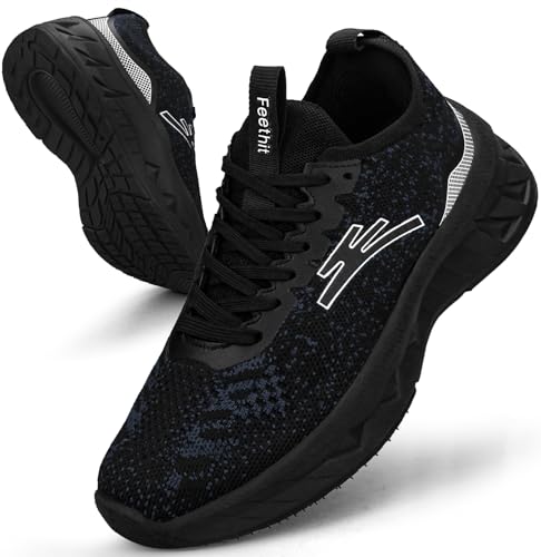 Feethit Womens Non Slip Tennis Walking Shoes Lightweight Running Shoes Breathable Workout Gym Sneakers Black Size 7