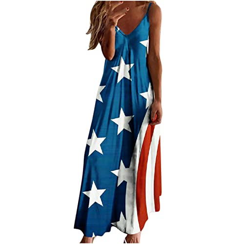 Oggfader Women's Sleeveless Spaghetti Strap Beach Dresses 4th of July Patriotic Long Dress 2023 Summer Casual Boho Dress