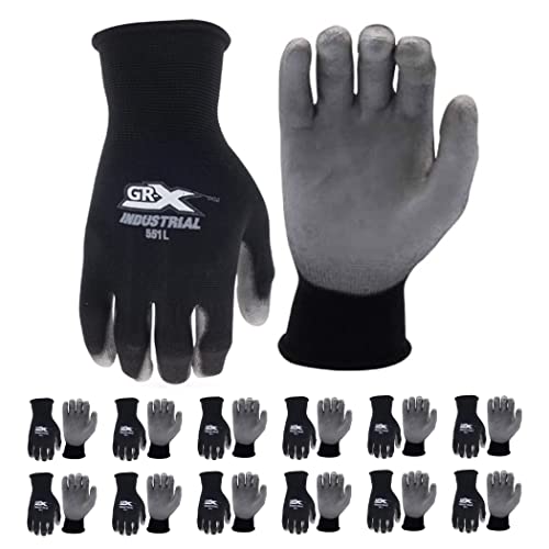 GRX Mens Work Gloves Bulk (12 Pairs) | Breathable Nitrile Gloves (Large, XL & Medium) | Durable Nylon PU (Large & XL) (Nylon, Large)