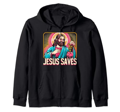 Retro Jesus Saves Money, Christian Bank Employee Piggy Bank Zip Hoodie