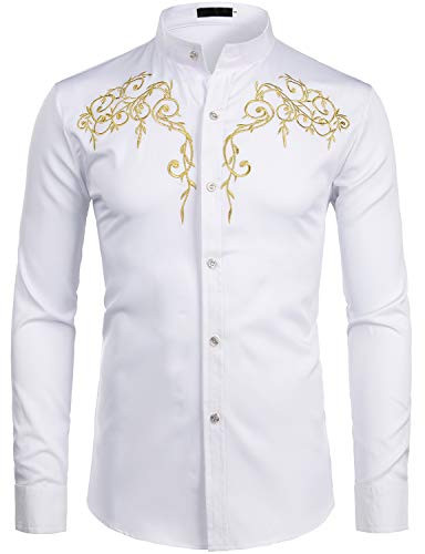 ZEROYAA Mens Hipster Design Golden Floral Embroidery Slim Fit Long Sleeve Mandarin Collar Shirts Tops ZZCL08 White Medium