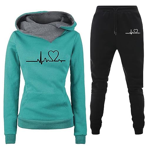 plus size 2 piece outfits for women Pant Sets for Women Two Piece Outfits Heart Print Cute Matching Set Long Sleeve Hoodie Plus Size Trendy Sweatsuits Green S