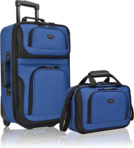 U.S. Traveler Rio Rugged Fabric Expandable Carry-on Luggage, 2 Wheel Rolling Suitcase, Blue, Set