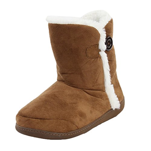 Home Slipper Women's Winter Super Warm High Top Suede Upper Button Faur Fur Indoor House High Top Slipper Boots,Brown,US 7/8