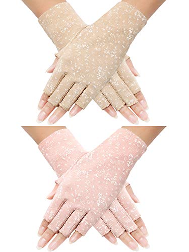 Maxdot 2 Pairs Women Sunblock Fingerless Gloves Summer Driving Gloves Girls Non Slip UV Protection Gloves for Outdoor (Pink,Khaki)